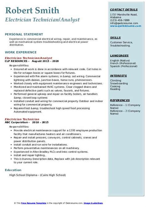 10+ Electrician Technician Resume Samples & Templates for 2025