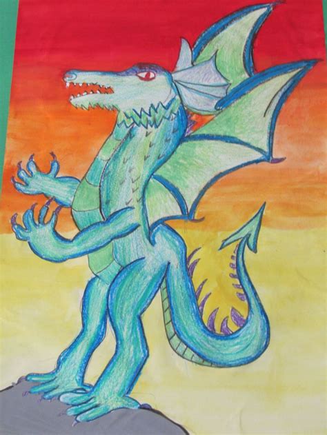 Dragon painting by a 4th grader; 12" X 18"; crayon with watercolor background; art teacher ...