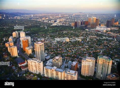 Aerial view of Beverly Hills with Wilshire Blvd in the foreground and ...