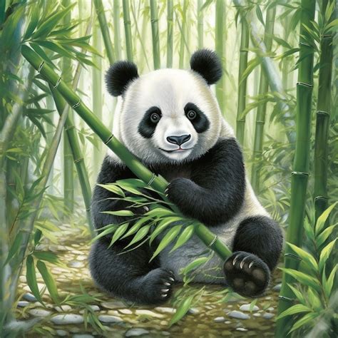 Premium AI Image | a painting of a panda with bamboo in the background.