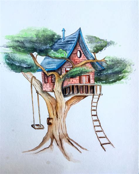 Treehouse watercolour painting | Tree house drawing, Drawings, Tree drawing