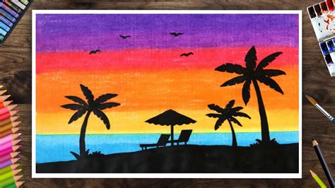 Drawing scenery of summer with oil pastel || Beach scenery drawing step ...