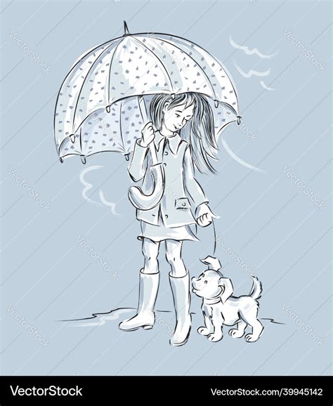 Sketch of little girl walking under umbrella Vector Image