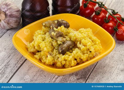 Rice with Chicken hearts stock photo. Image of rice - 157600920