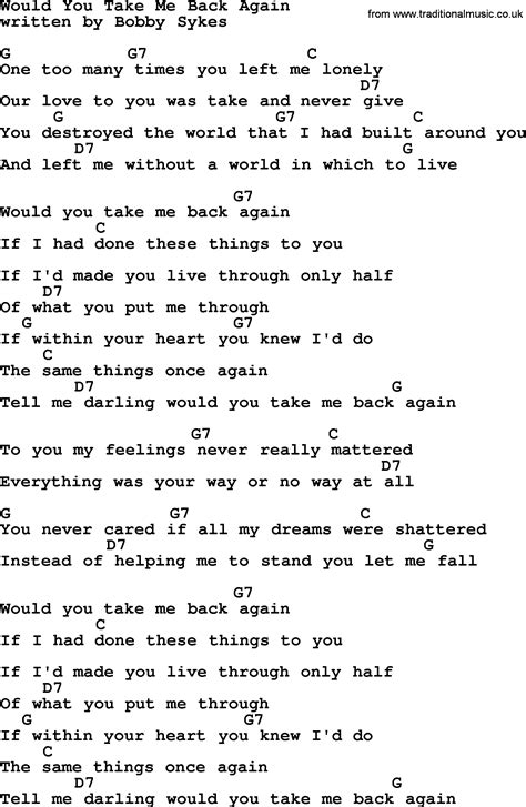 Would You Take Me Back Again, by Marty Robbins - lyrics and chords