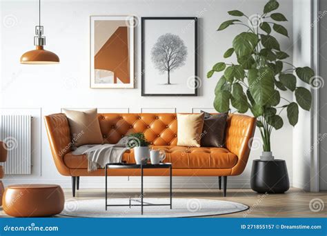 Orange Leather Sofa in a Living Room with White Walls and Simple Decor Stock Image - Image of ...