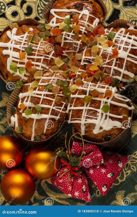 Panettone Topped with Candied Fruit and White Chocolate Sauce Stock Photo - Image of colomba ...