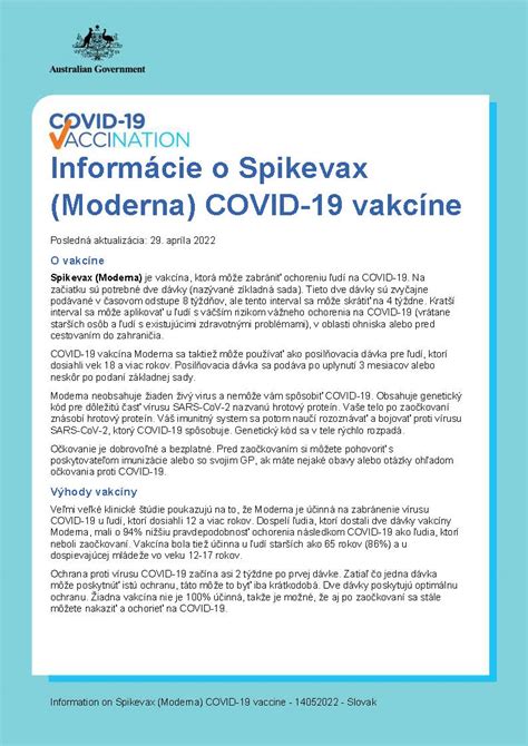 Informácie o Spikevax (Moderna) COVID-19 vakcíne | Australian ...