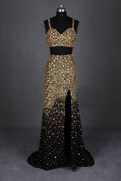 High Slit Two Piece Prom Dress Heavy Beaded Gold Crystals Sparkly Long ...