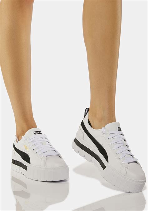 PUMA Mayze White Leather Platform Sneakers | Dolls Kill