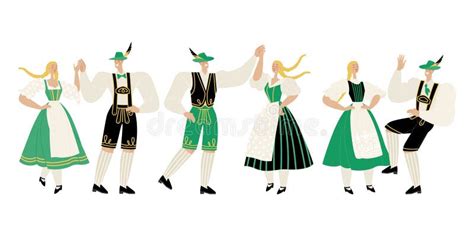 Couples in Folk Bavarian Costumes. Set of Vector Illustrations of Men and Women Dancing ...