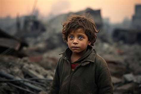 Premium Photo | Sad child during the war with the buildings destroyed ...