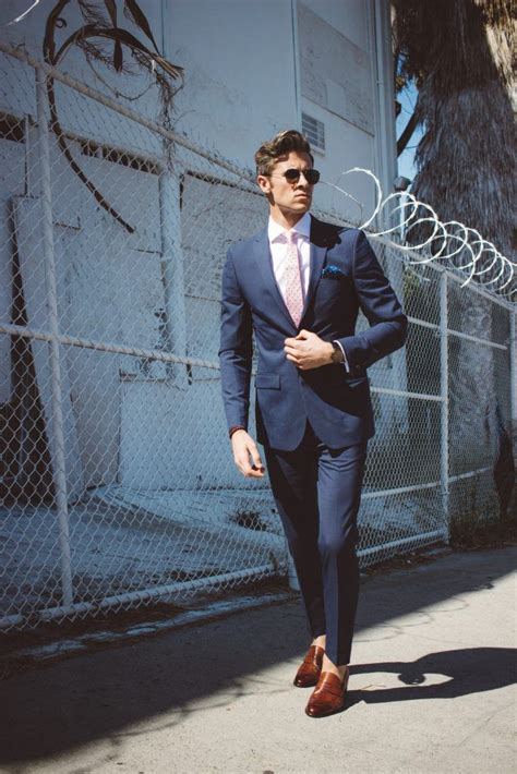 Navy suit + white dress shirt + pink tie + brown penny | Summer wedding suits, Mens navy blue ...