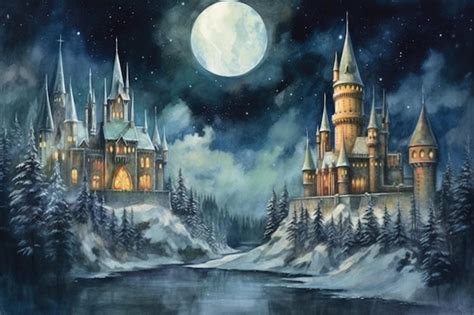 Premium AI Image | A painting of a castle with a snowy landscape in the ...