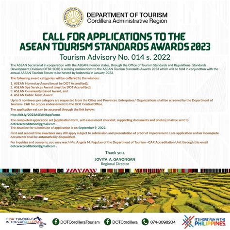 CALL FOR APPLICATIONS TO THE ASEAN TOURISM STANDARDS AWARDS 2023 ...