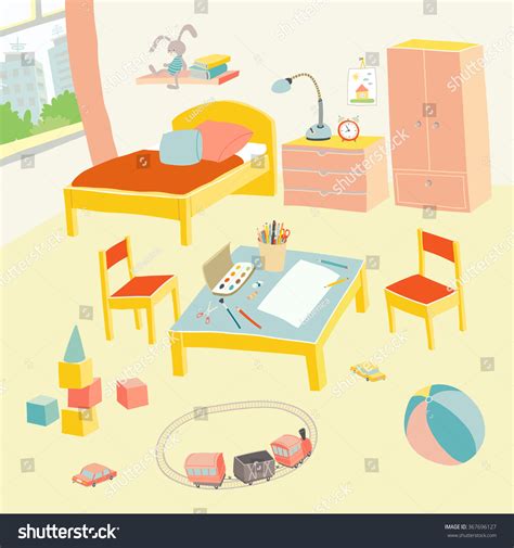 Childrens Bedroom Interior Furniture Toys Kids Stock Vector 367696127 ...