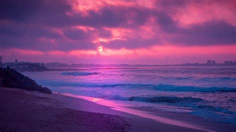 Download Beach Ocean Purple Nature Sunset 4k Ultra HD Wallpaper