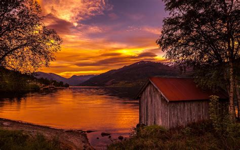 nature, Landscape, Boathouses, Lake, Sunset, Norway, Trees, Mountain, Sky, Clouds, Shrubs, Water ...