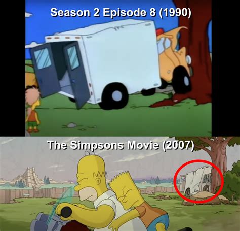 In The Simpsons Movie (2007), you can still see Homer's crashed ambulance from season 2 of the ...