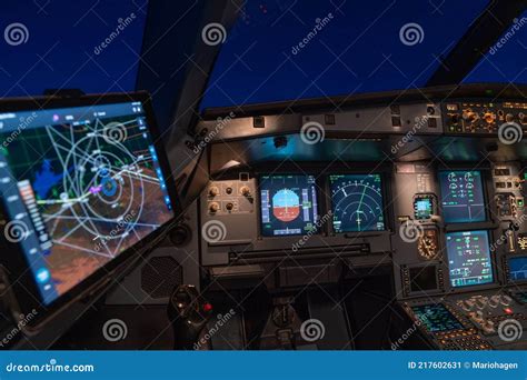 Modern Cockpit of an Jet Airplane during Night Flight in Chinese ...