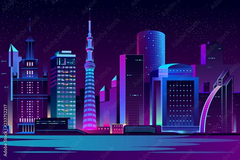 Modern city cartoon vector night landscape. Urban cityscape background with skyscrapers ...