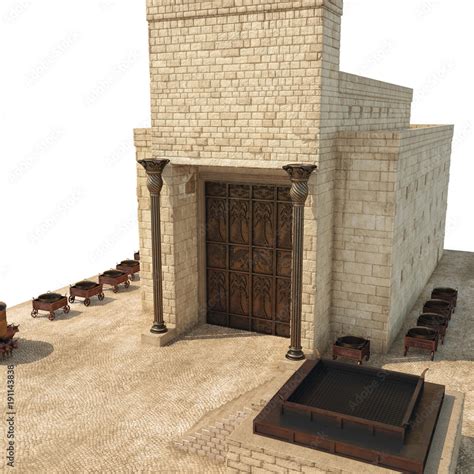 King Solomon's temple with bronze pillars named Boaz and Jachin on ...