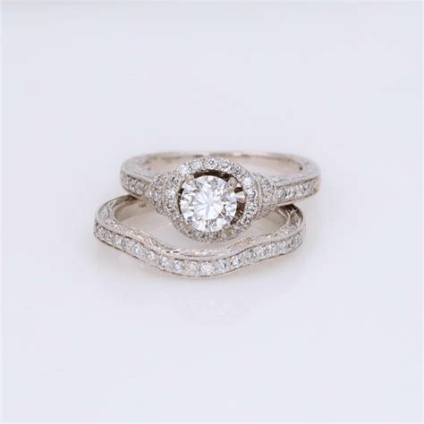 Halo Round Diamond Ring and Diamond Band Set 1.30 Carat 14 Karat White ...