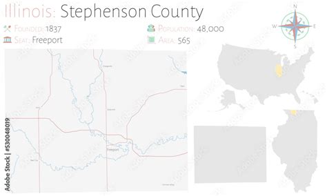 Large and detailed map of Stephenson county in Illinois, USA. Stock ...