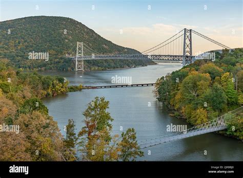 Late afternoon fall photo of the Bear Mountain Bridge, New York, and surrounding area, located ...