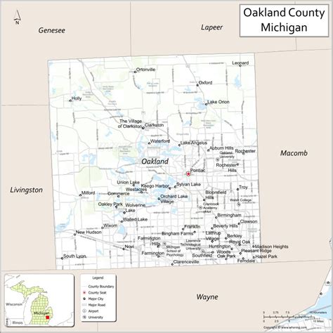 Map of Oakland County, Michigan showing cities, highways & important ...