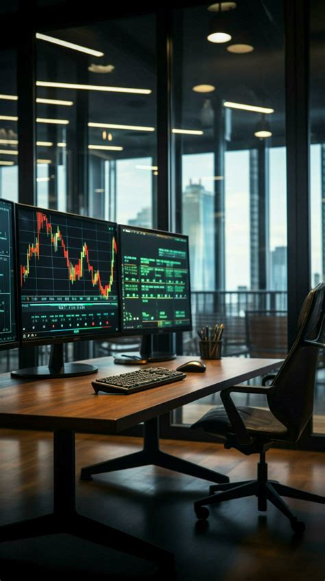 Stock market exchange concept in an empty traders office with glass ...