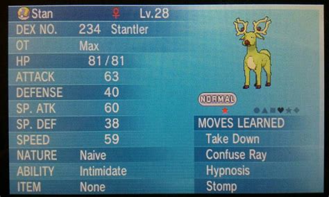 A level 28 shiny Stantler with a Naive nature,... - Pokemon For You