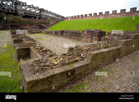 Remains and reconstructed wall of the Roman Fort near the river Irwell ...