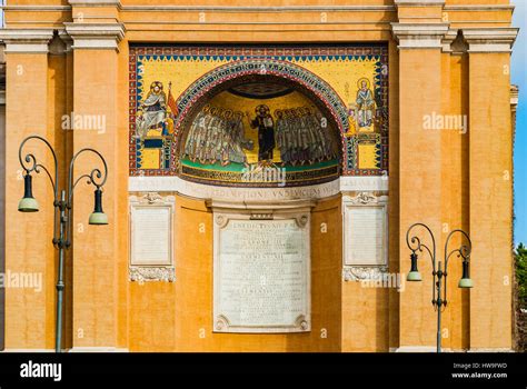 Apse depicting mosaics from the Triclinium of Pope Leo III in the ancient Lateran Palace. Rome ...