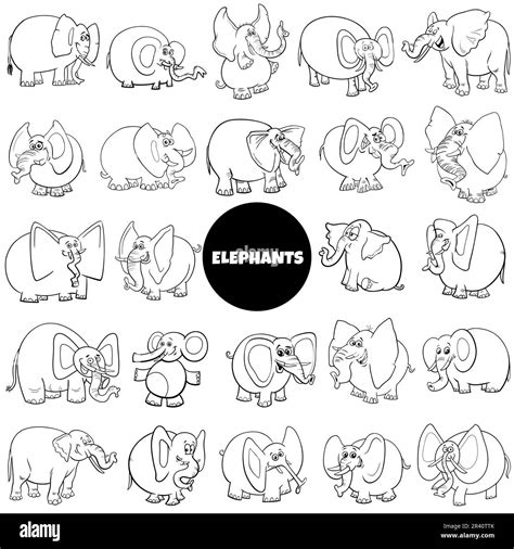 Cartoon elephants animal characters big set coloring page Stock Photo ...