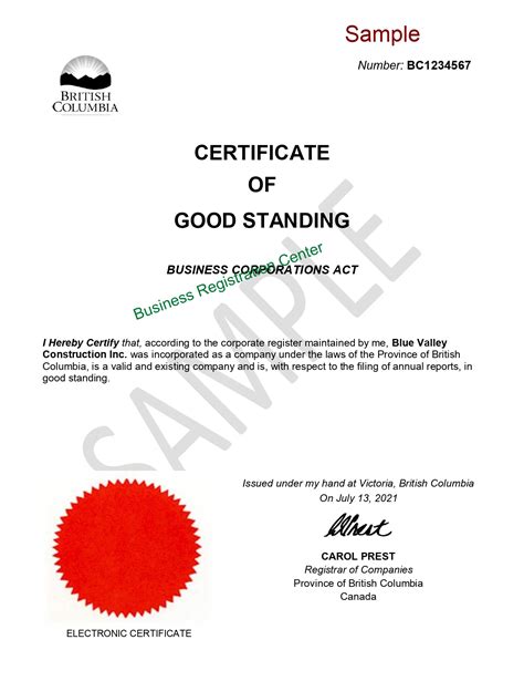 Sample for Certificate of Good Standing - Business Registration Center