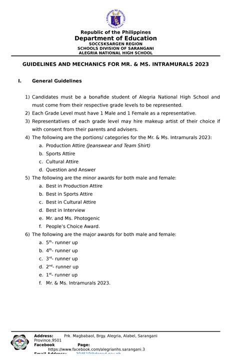 Guidelines AND Mechanics FOR MR MS Intrams 2023 - Republic of the Philippines Department of ...