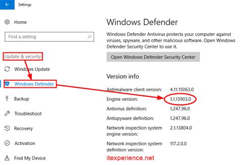 View Engine version of Windows Defender in Windows 10 - ITExperience.NET