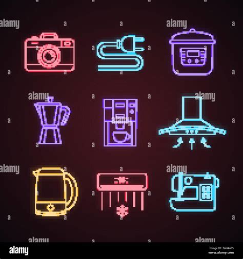 Household appliance neon light icons set. Photo camera, wire plug, multi cooker, coffee maker ...