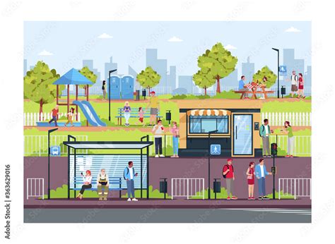 People resting in modern town semi flat vector illustration. Leisure in ...