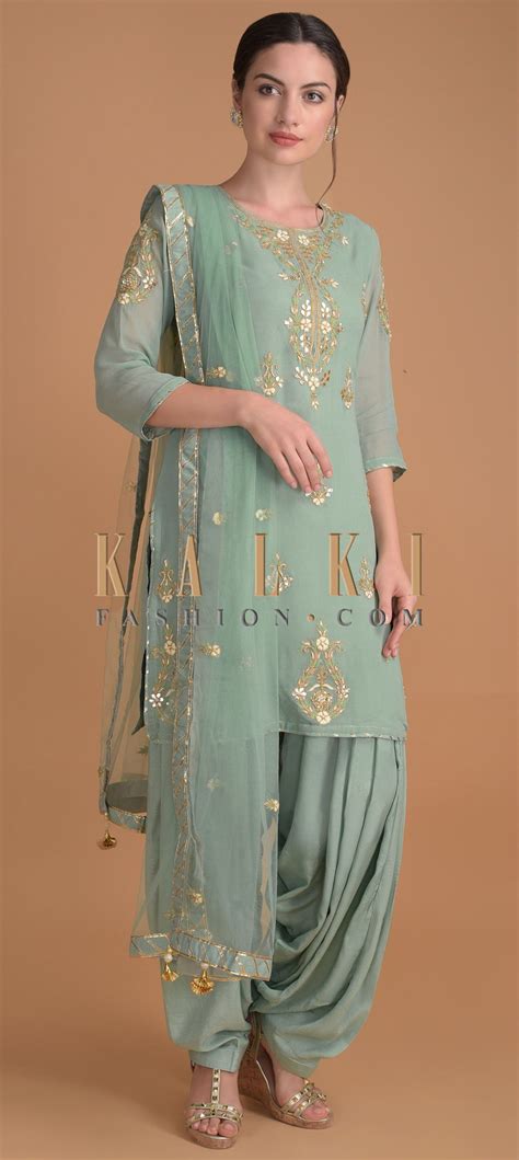 Spruce Green Salwar Suit With Floral Embroidered Neckline And Buttis ...