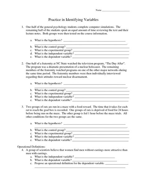 Experiment Variables Worksheets