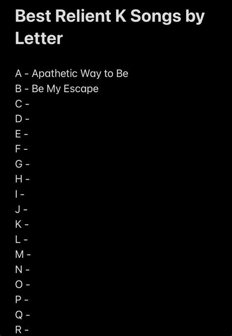 Best RK songs by letter. The winner of B was Be My Escape. Next up the letter C. Comment or ...