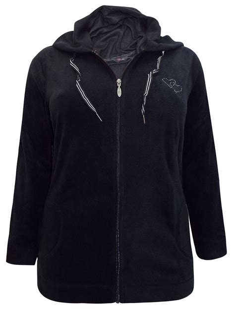 CURVE - - Y0URS BLACK Clear Heart Embellished Hooded Fleece Jacket - Plus Size 20 to 26/28