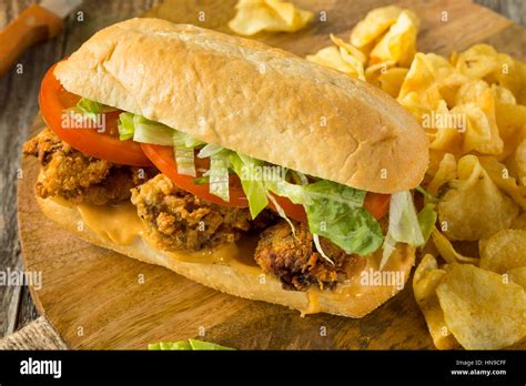 Homemade Fried Oyster Po Boy Sandwich with Lettuce and Tomato Stock ...