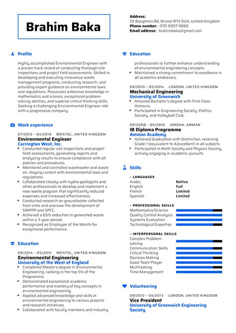 Environmental Engineer Resume Example | Kickresume