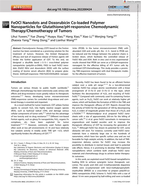 (PDF) FeOCl Nanodots and Doxorubicin Co‐loaded Polymer Nanoparticles for Glutathione/pH ...