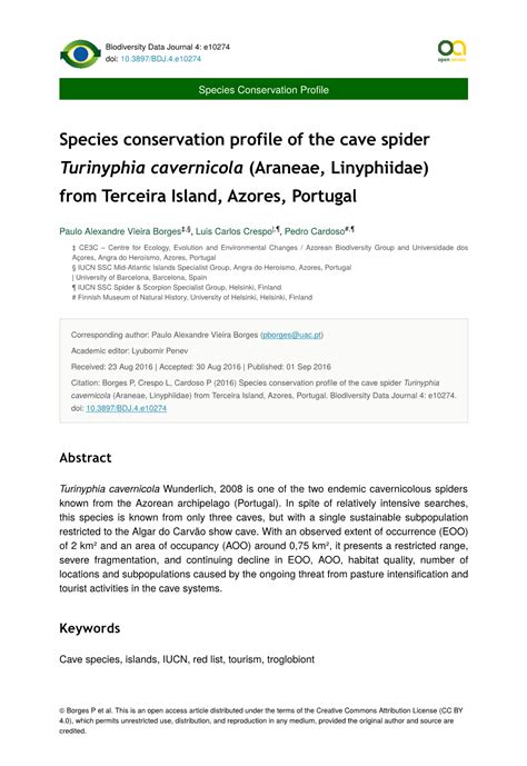 Species Conservation Profile of the Cave Spider Turinyphia Cavernicola ...