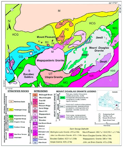 Regional geological map of the Saint George Batholith and location of... | Download Scientific ...