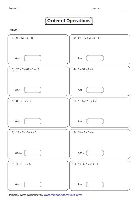 Order Of Operations Math Worksheets Grade 6